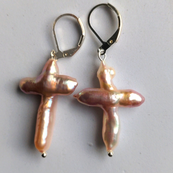 Hand Crafted Jewelry - Genuine pearl cross earrings.  Lusterous freshwater pink.  Silver lever …